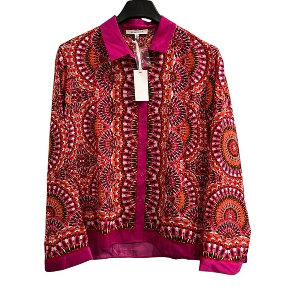 Rose + Olive Top Womens XL Pink Satin‎ Mandala Print Blouse Colorful Button Down - Picture 2 of 8